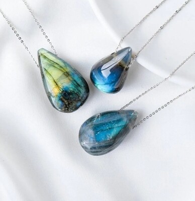 Labradorite Crystal Drop Silver Pendant Necklace  