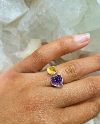 Citrine and Amethyst Rough Crystal Ring - Natural Stone Ring