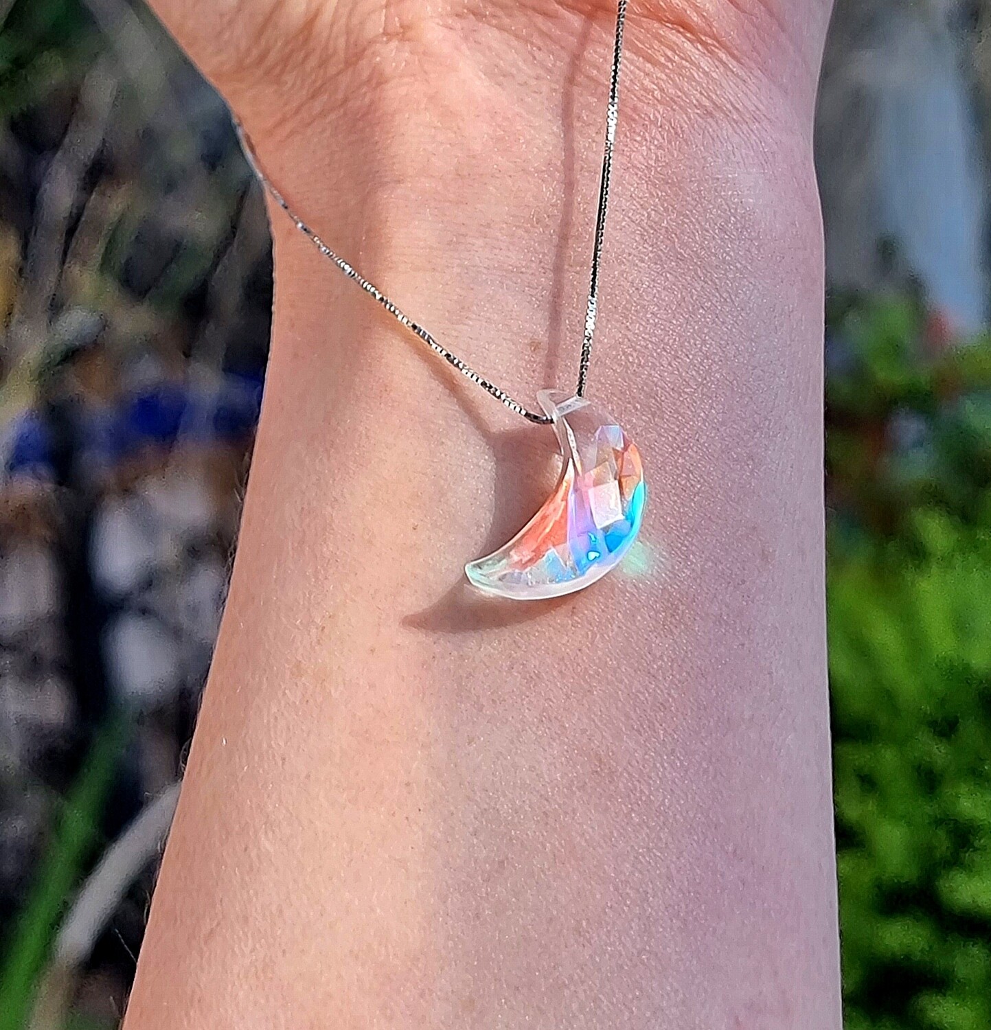 Mystic Aurora Quartz Crescent Moon Crystal Amulet Necklace 925 Srerling Silver 