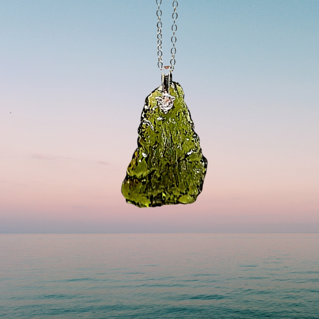Moldavite Crystal Sterling Silver Amulet Necklace Pendant