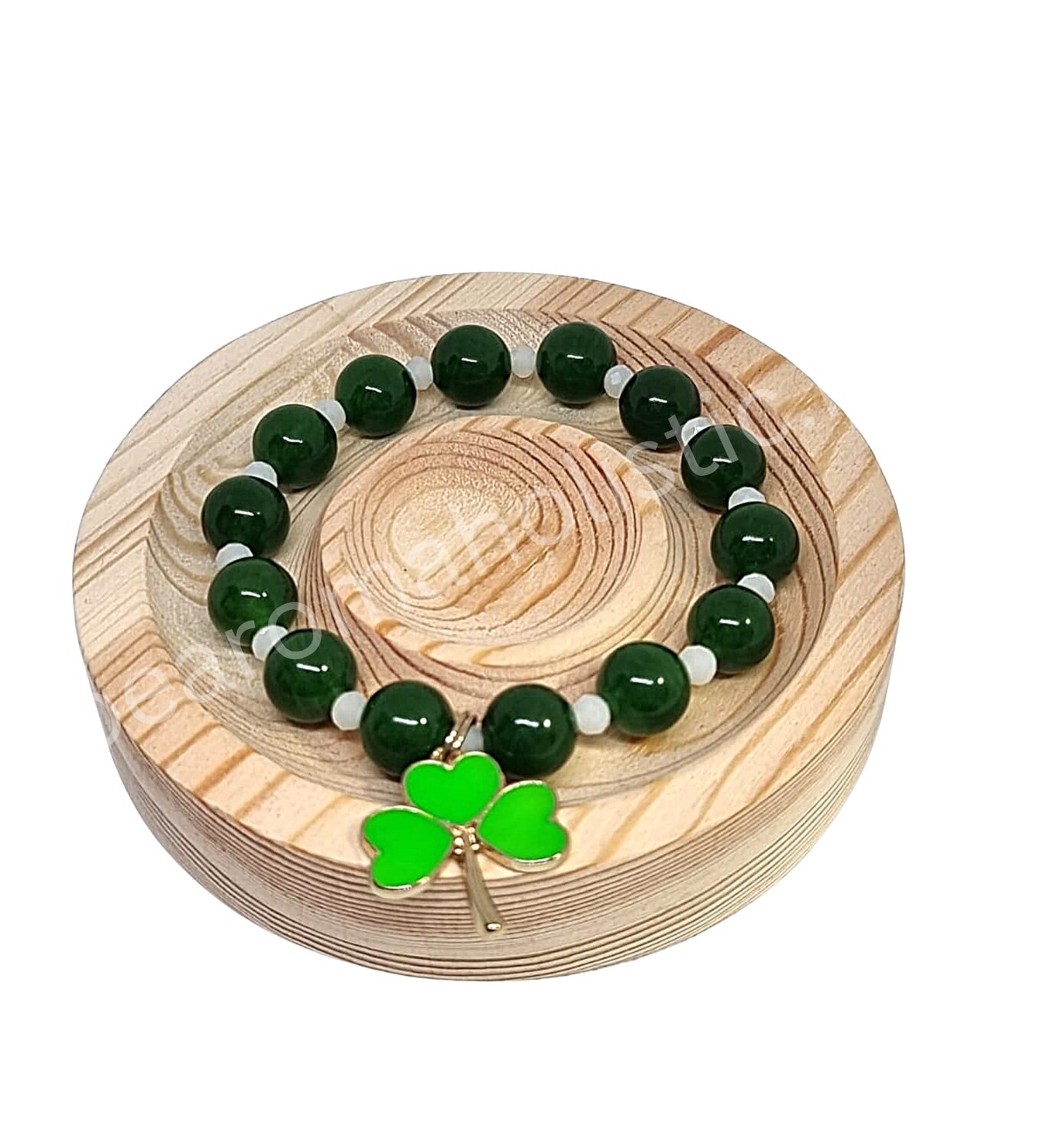 Green Jade &quot;Lucky Clover&quot; Crystal Bead Bracelet Elastic 10mm