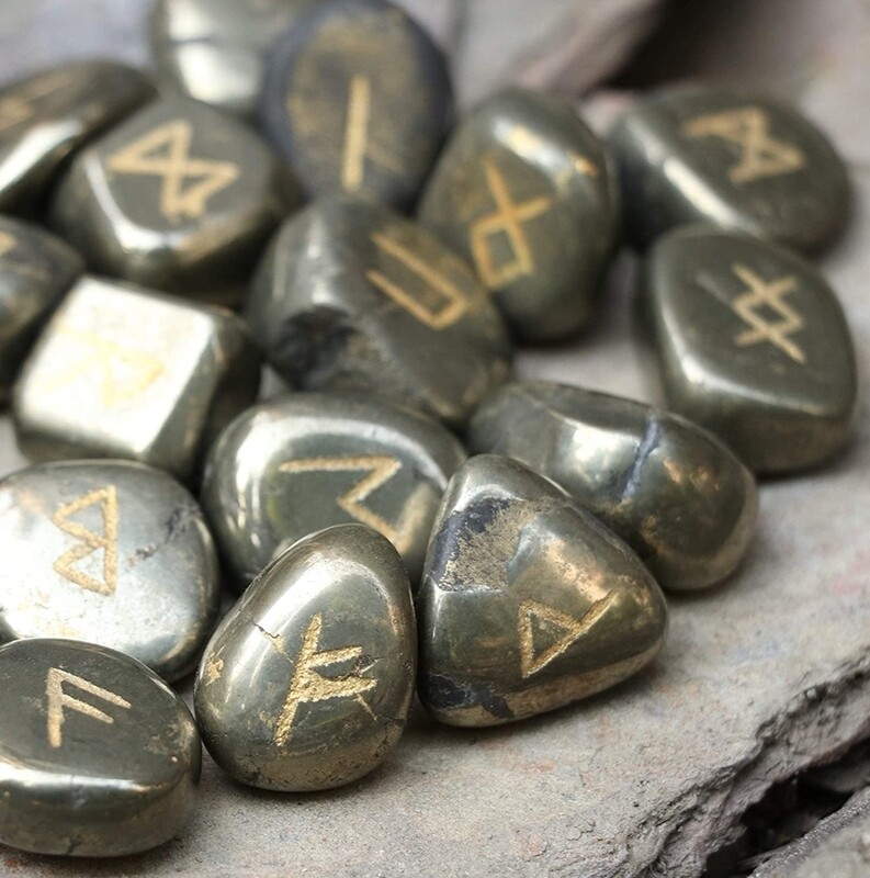 Golden Pyrite Rune Tumble Gemstone Rune Alphabet Engraved runes set Crystal Divination Reiki 15-20 mm
