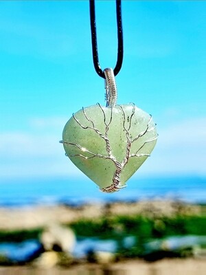 Green Aventurine with Mica Heart Tree of Life Wire-wrapped Pendant Necklace - Safe Journey