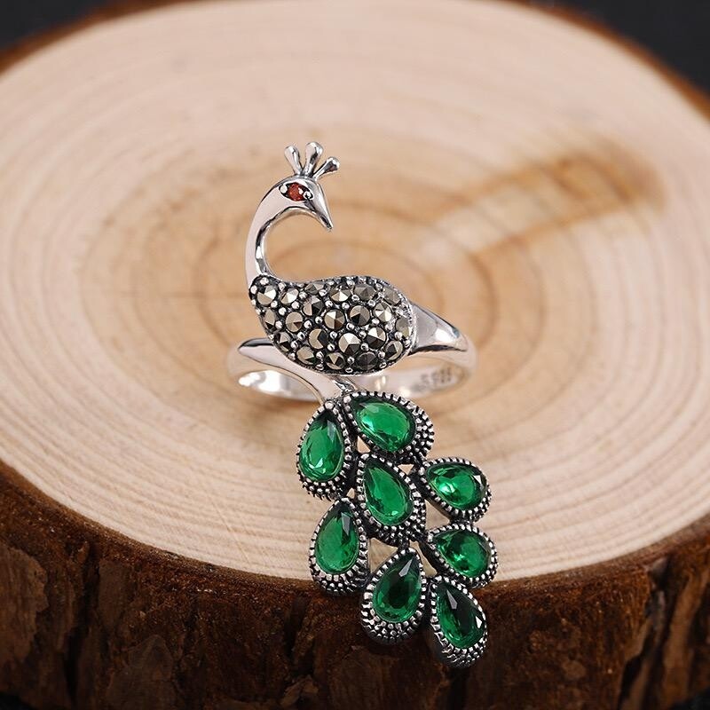 Peacock Emerald Silver Ring