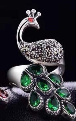 Peacock Emerald Silver Ring