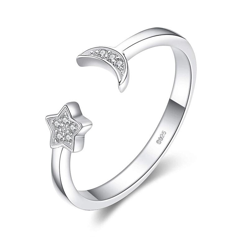 Moon and Star 925 Sterling Silver Women&#39;s Ring