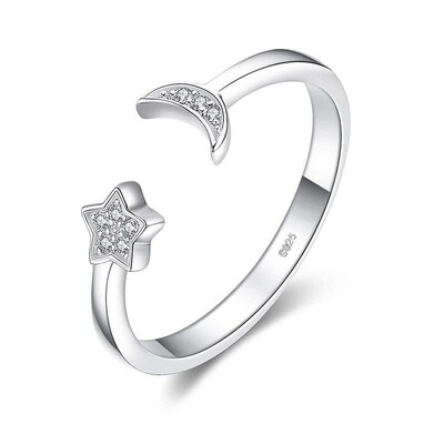 Moon and Star 925 Sterling Silver Women&#39;s Ring