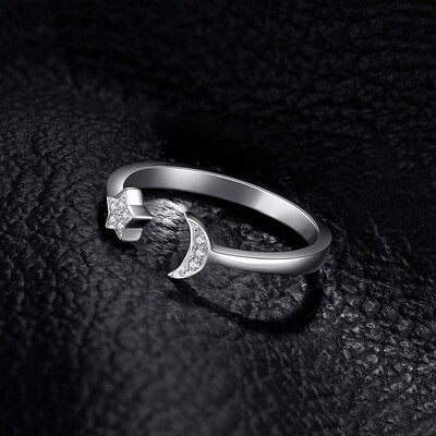 Moon and Star 925 Sterling Silver Women's Ring