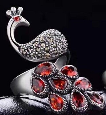 Peacock Ruby Red Silver Ring