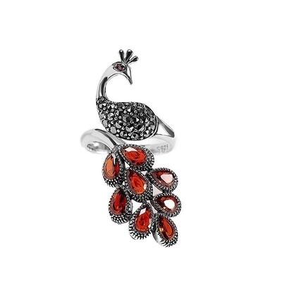 Peacock Ruby Red Silver Ring