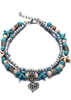 Anklet - Turquoise Blue Starfish Silver Heart Double Layer