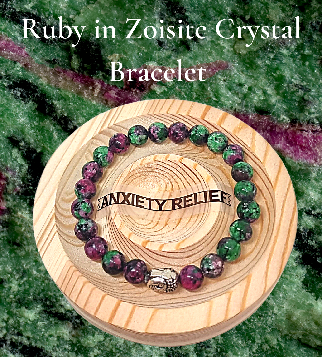 Ruby in Zoisite Anxiety Relief Crystal Bracelet Bead Elastic Anxiety Buddha Charm - Depression Relief 8mm