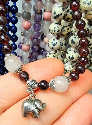 Garnet Rose Quartz Crystal Bead Necklace Mala | Choker | Bracelet with Garnish Wine Red elastic 