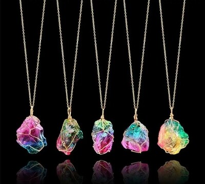 ANGEL AURA CRYSTAL QUARTZ CHAKRA MULTICOLOUR  NECKLACE WIRE-WRAPPED PENDANT 