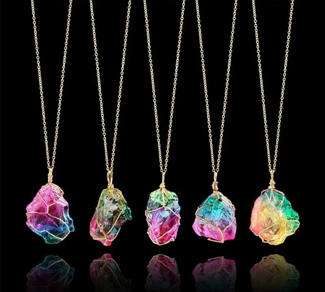ANGEL AURA CRYSTAL QUARTZ CHAKRA MULTICOLOUR  NECKLACE WIRE-WRAPPED PENDANT 