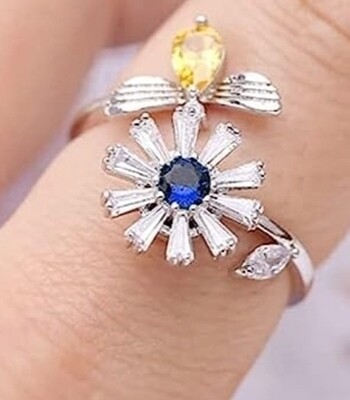 Spinning Fidget Crystal Silver Anxiety Ring 'Flower and Bee'  "You are my Sunshine" with message 