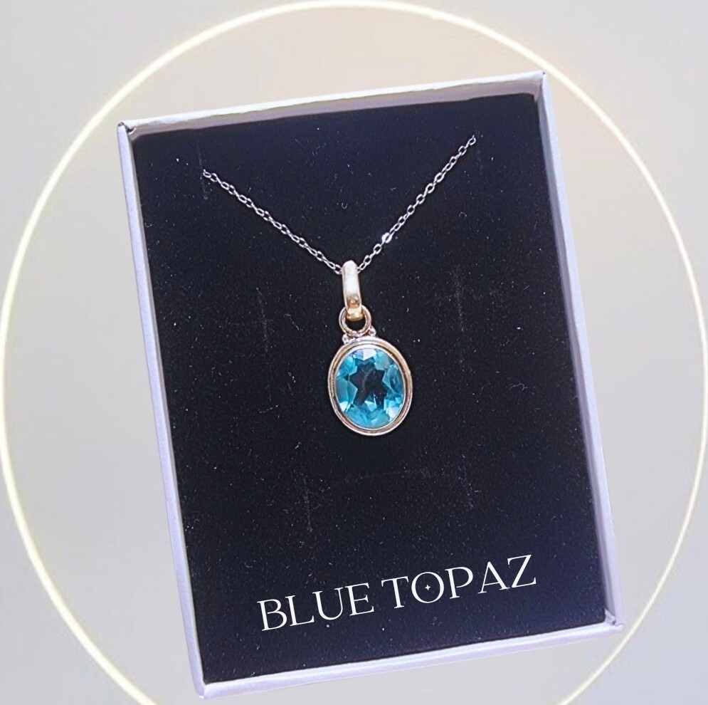 Blue Topaz Amulet Crystal Pendant 925 Sterling Silver Necklace 