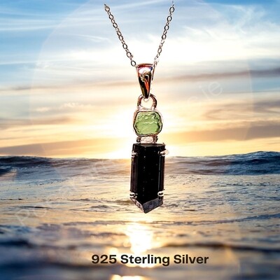 Black Tourmaline and Genuine Moldavite  Crystal Amulet Necklace Pendant Talisman