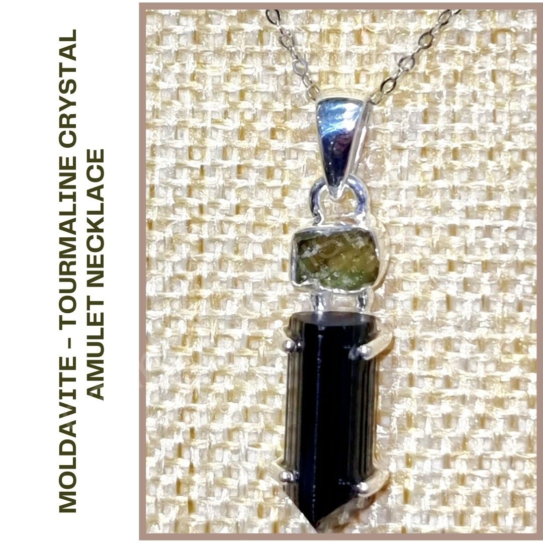 Black Tourmaline and Genuine Moldavite  Crystal Amulet Necklace Pendant Talisman 925 Sterling Silver 
