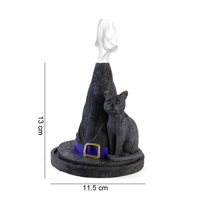 Cat with Witch Hat Incense Cone Burner Figurine Ornament