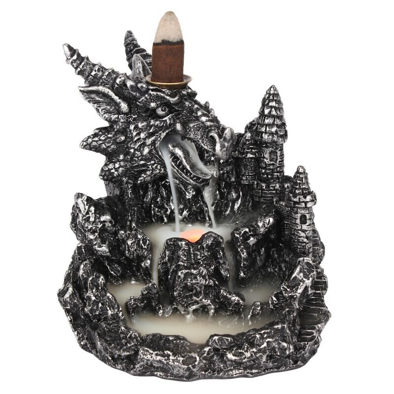 Dragon Castle Backflow Incense Silver Burner with Multicolour Lights