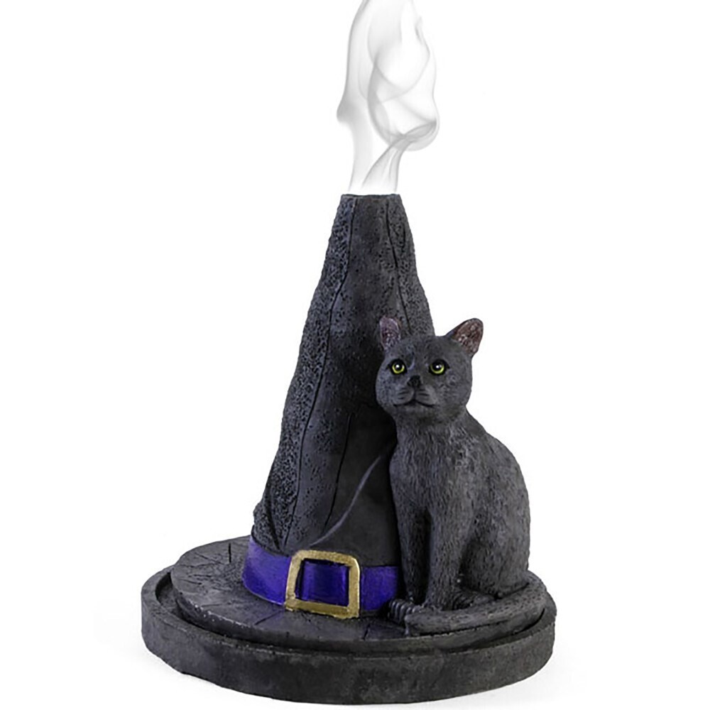 Cat with Witch Hat Incense Cone Burner Figurine Ornament