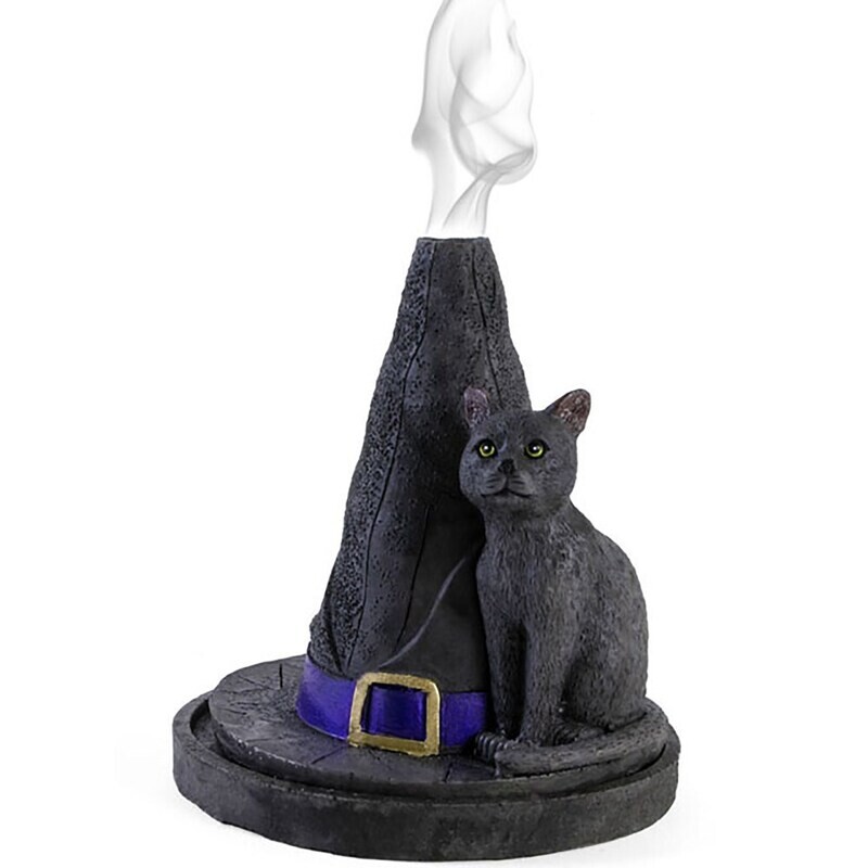 Cat with Witch Hat Incense Cone Burner Figurine Ornament