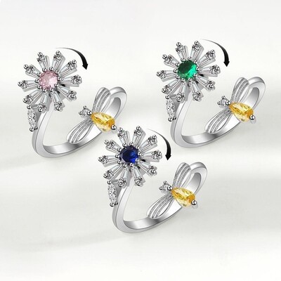 Anxiety Ring  &#39;Flower and Bee&#39;  925 Sterling Silver 