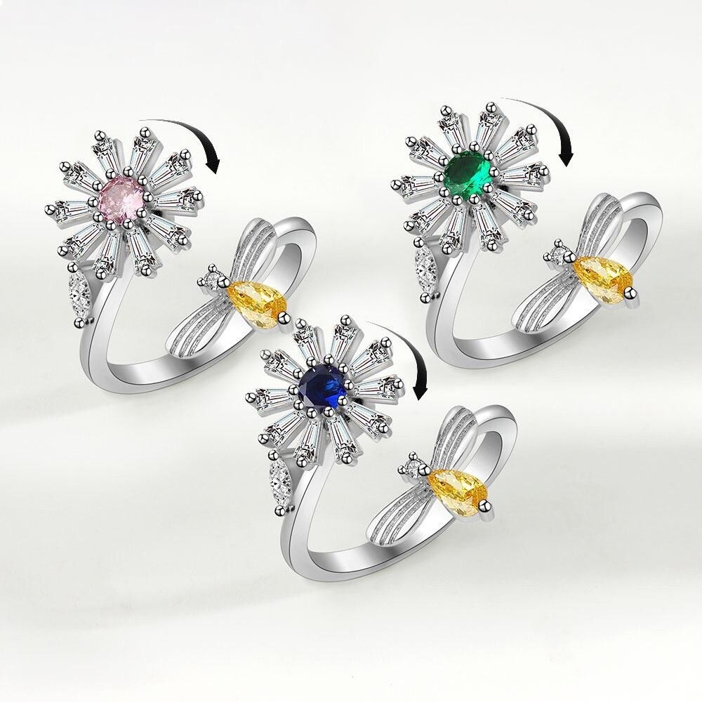 Anxiety Ring  &#39;Flower and Bee&#39;  925 Sterling Silver 