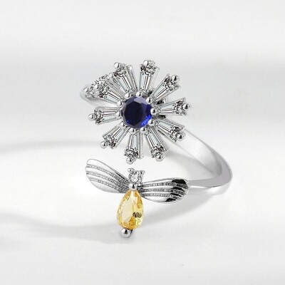 Anxiety Spinning Fidget Ring  'Flower and Bee'  925 Sterling Silver