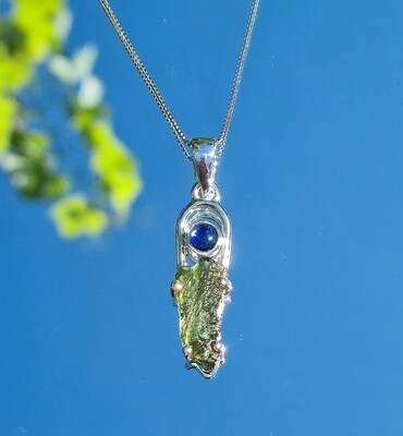 Moldavite Crystal with Kyanite Cabochon Necklace 