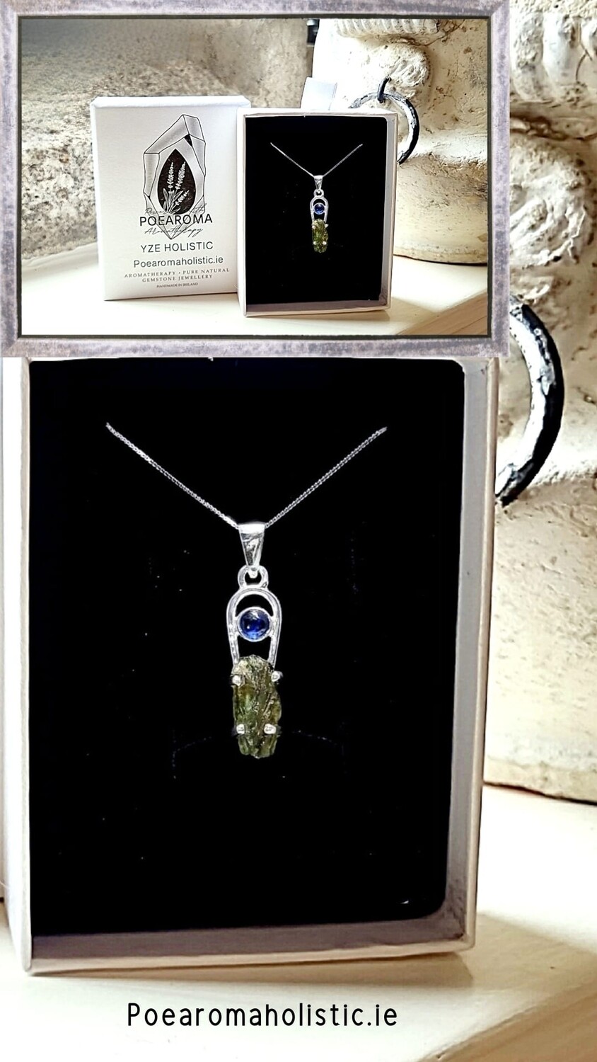 Moldavite Crystal with Kyanite Cabochon Necklace 