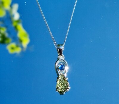 Moldavite Crystal with Kyanite Cabochon Necklace 