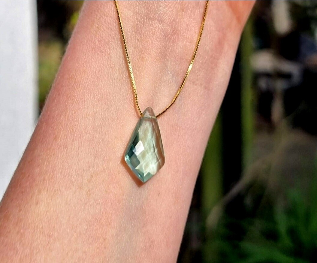 Green Amethyst Crystal Necklace Teardrop Faceted 925 Silver Amulet Pendant 