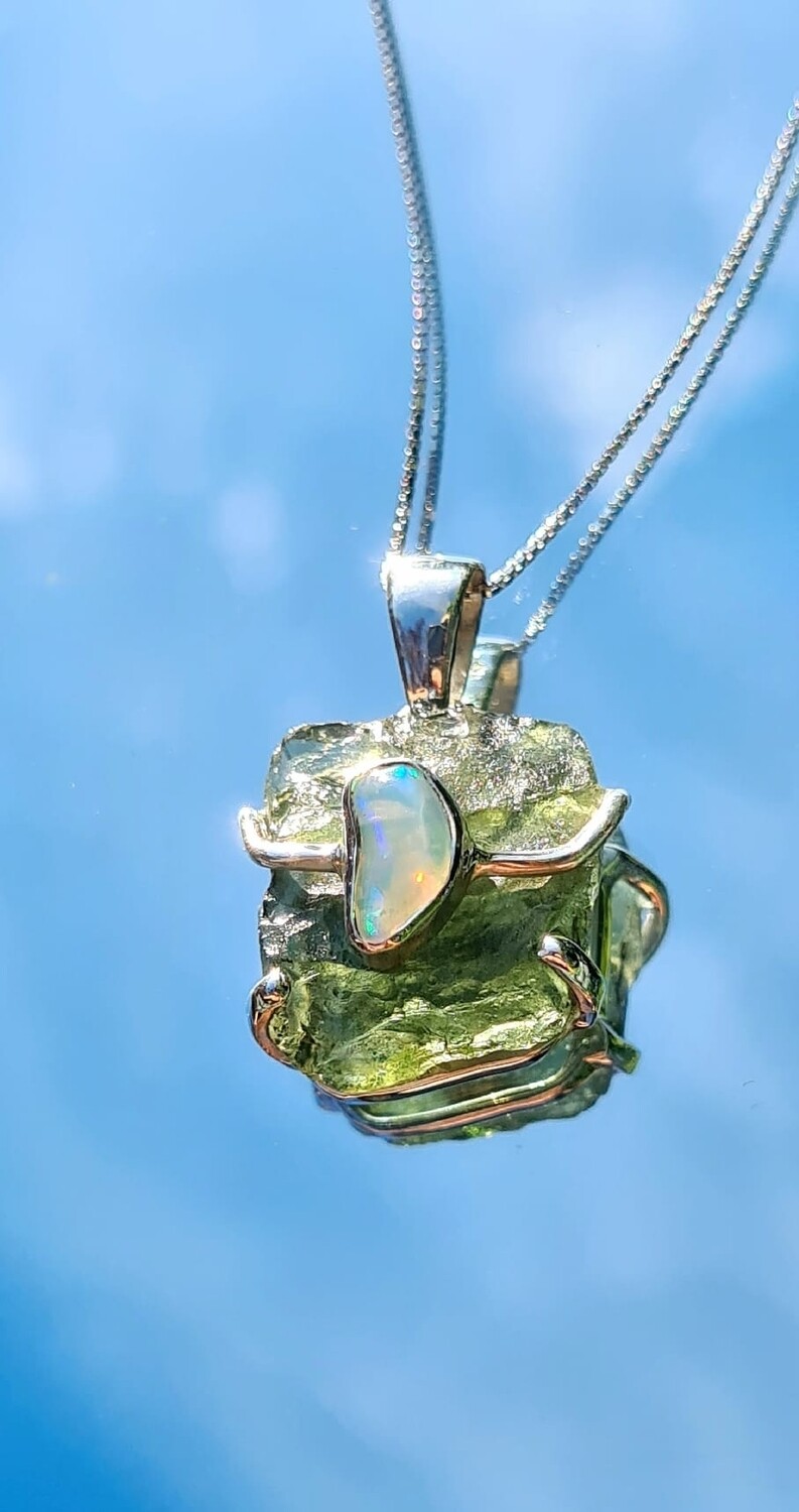 Moldavite - Opal Crystal Amulet Necklace Pendant Talisman