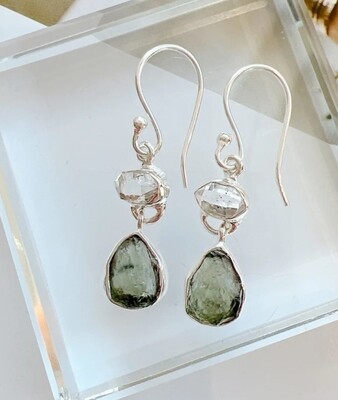 Moldavite and Herkimer Diamond Crystal Earrings 925 Sterling Silver 
