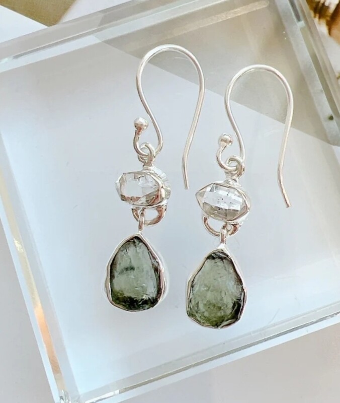 Moldavite and Herkimer Diamond Crystal Earrings 925 Sterling Silver 
