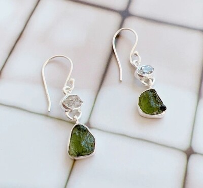Moldavite and Herkimer Diamond Crystal Earrings 925 Sterling Silver 