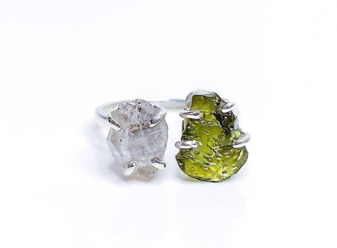 Moldavite with Herkimer Diamond Crystal Ring 925 Sterling Silver 