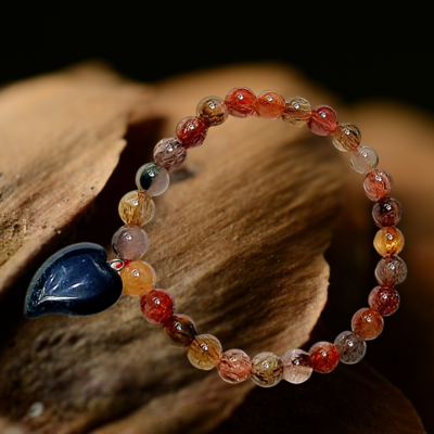 Rutilated Quartz Crystal Bracelet with Bloodstone Heart Charm 8mm