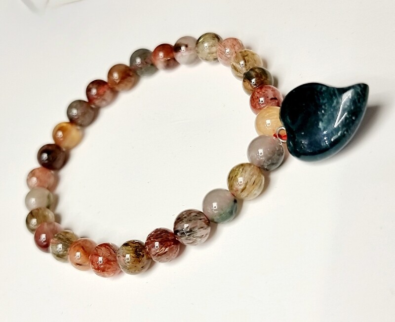 Rutilated Quartz Crystal Bracelet with Bloodstone Heart Charm 8mm