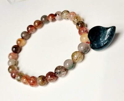 Rutilated Quartz Crystal Bracelet with Bloodstone Heart Charm 8mm