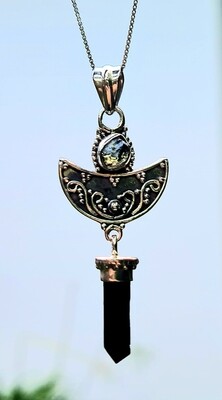 Tourmaline and Moldavite Crystal Necklace Amulet Pendant 925 Sterling Silver