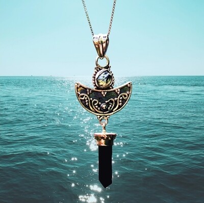 Black Tourmaline and Moldavite  Crystal Amulet Necklace Pendant Talisman 925 Sterling Silver 