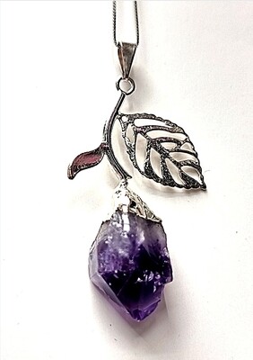 Amethyst Crystal Necklace Cluster Gemstone Silver Leaf Flower Pendant 
