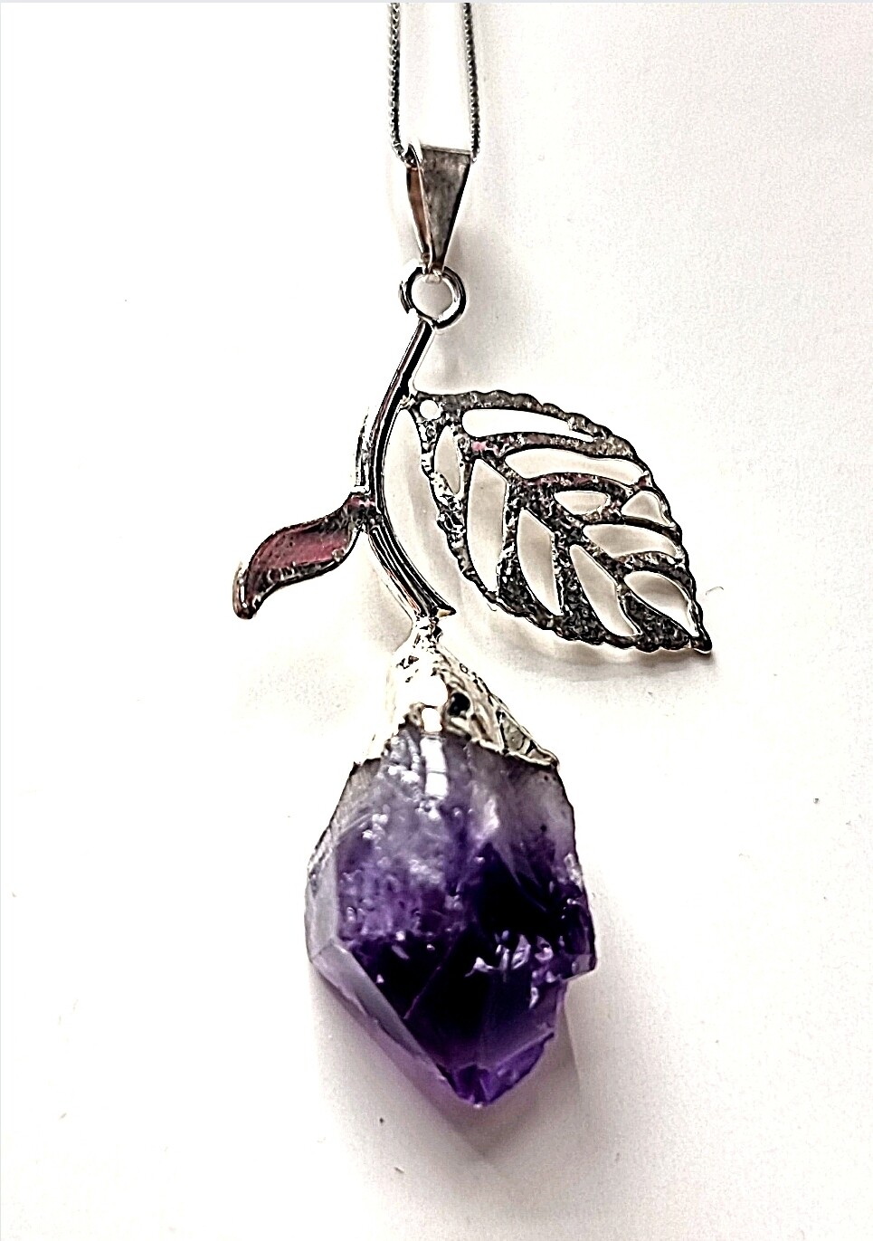 Amethyst Crystal Necklace Cluster Gemstone Silver Leaf Flower Pendant 