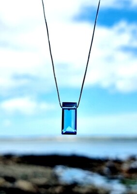 Sky Blue Topaz Necklace Crystal Baguette shape Amulet Pendant 925 Sterling Silver / Gold