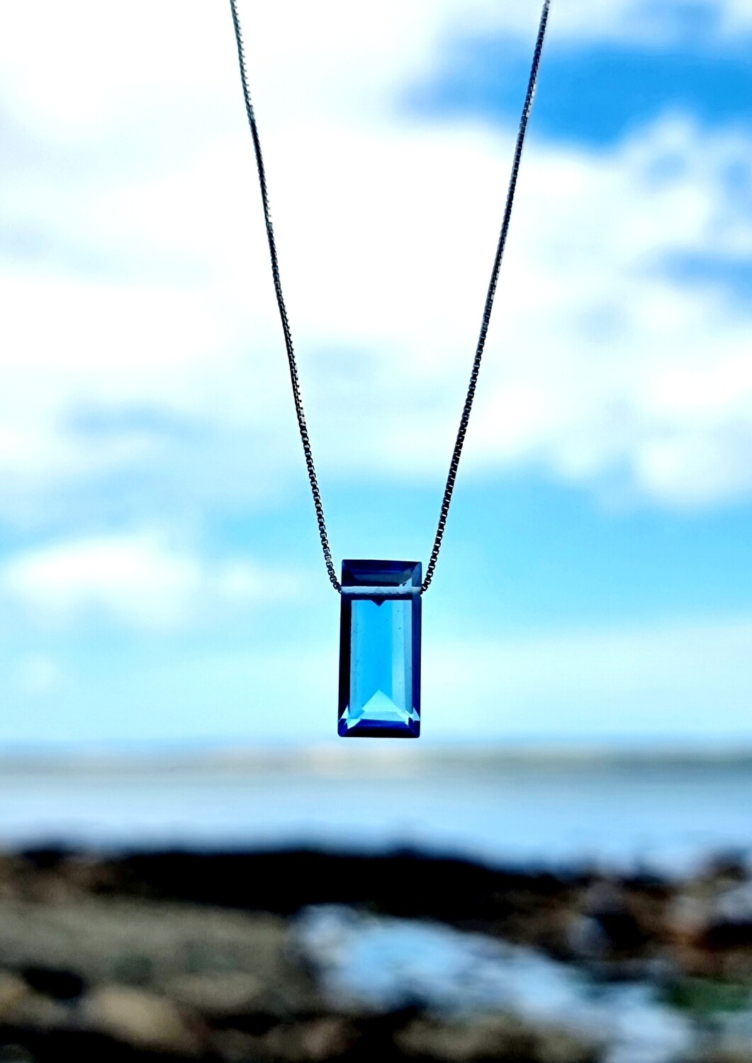 Sky Blue Topaz Necklace Crystal Baguette shape Amulet Pendant 925 Sterling Silver / Gold