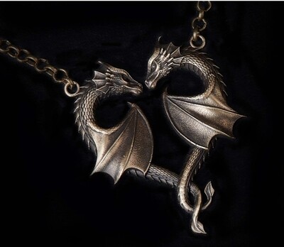 Double Dragon Heart Necklace - Endless Love Celtic Dragon Wings Lovers Dragon Bronze Necklace Pendant Amulet