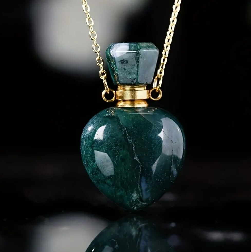 Heart Indian Agate Natural Gemstone Crystal Perfume Essential Oil Bottle Necklace Gem Pendant 
